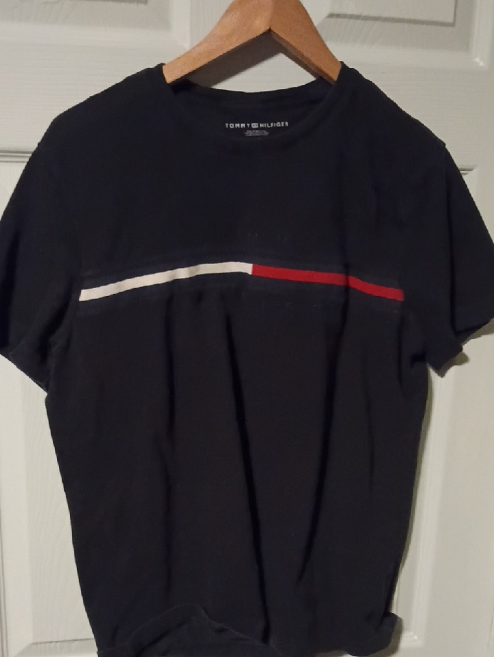 Tommy Hilfiger Black Tee with White and Red Chest Stripe